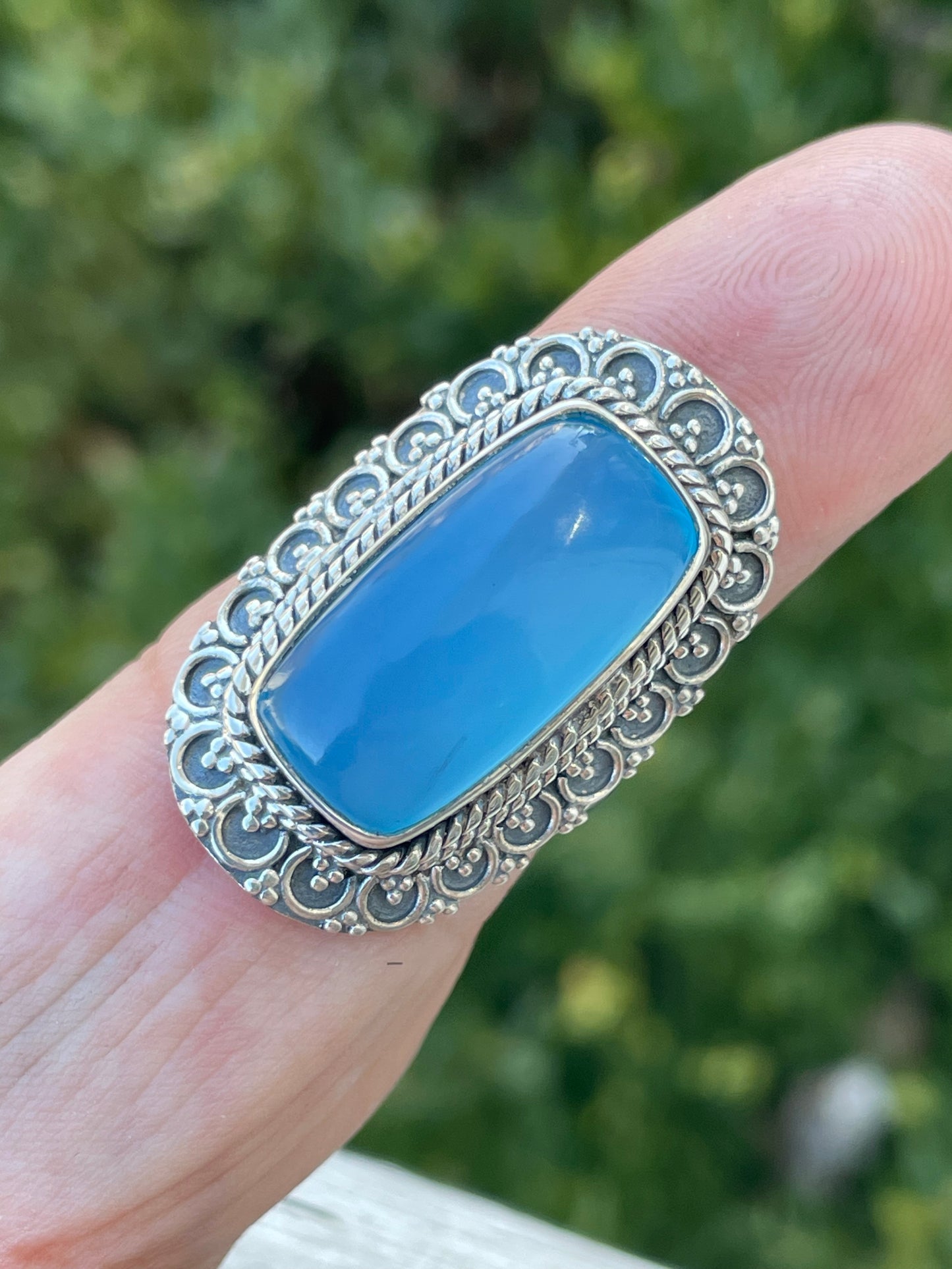 925 Sterling Silver Blue Chalcedony Curved Shield Filigree Ring