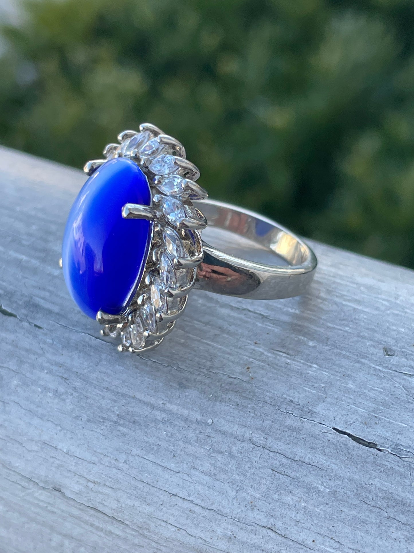 925 Sterling Silver Blue Cats Eye & Clear Zirconia Cluster Ring
