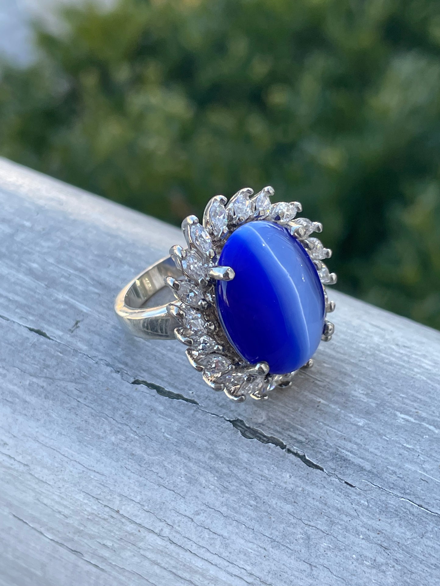 925 Sterling Silver Blue Cats Eye & Clear Zirconia Cluster Ring