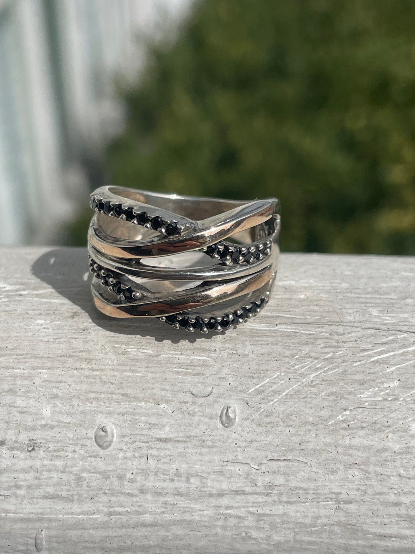 925 & 14k Gold Designer GC Double Crisscross Black Zirconia Ring