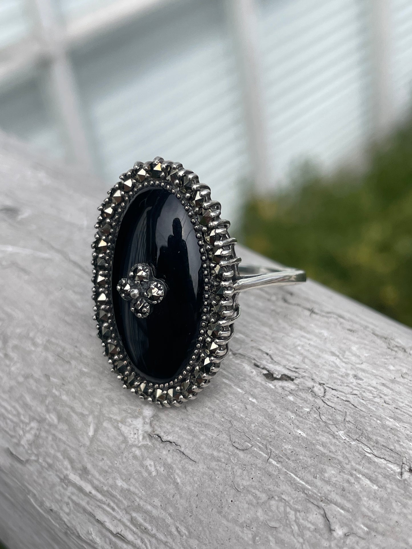 Designer SHA 925 Sterling Silver Large Black Oval Onyx & Marcasite Statement Ring