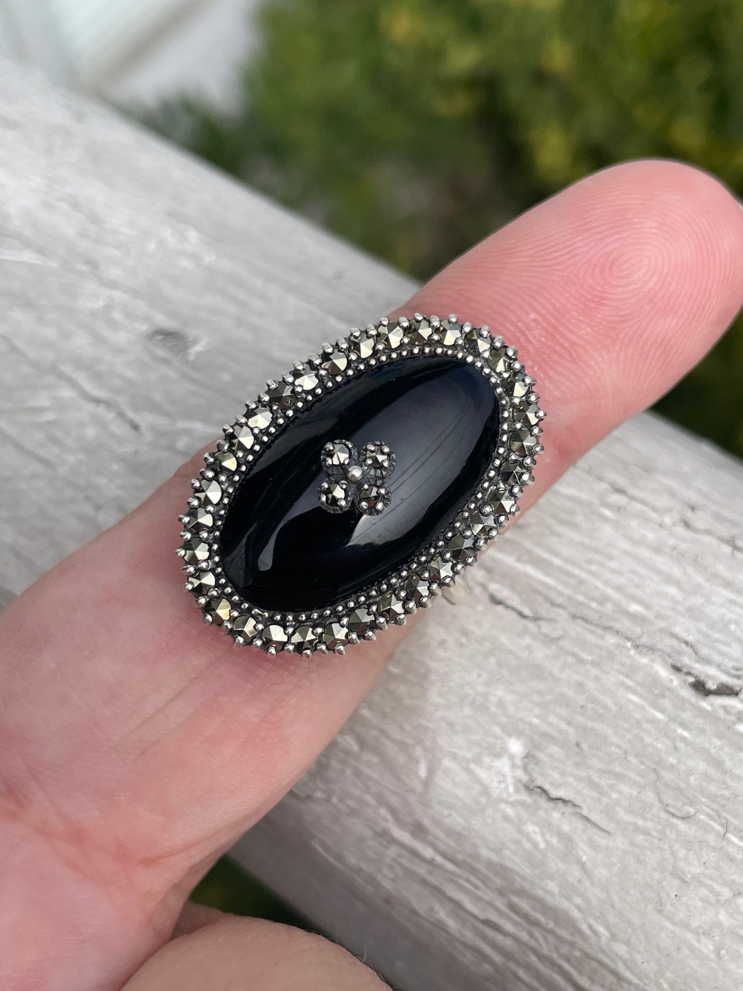 Designer SHA 925 Sterling Silver Large Black Oval Onyx & Marcasite Statement Ring