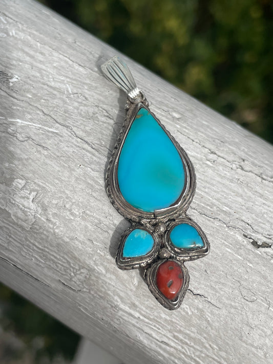 925 Sterling Silver Turquoise & Carnelian Native American Tribal Pendant Charm