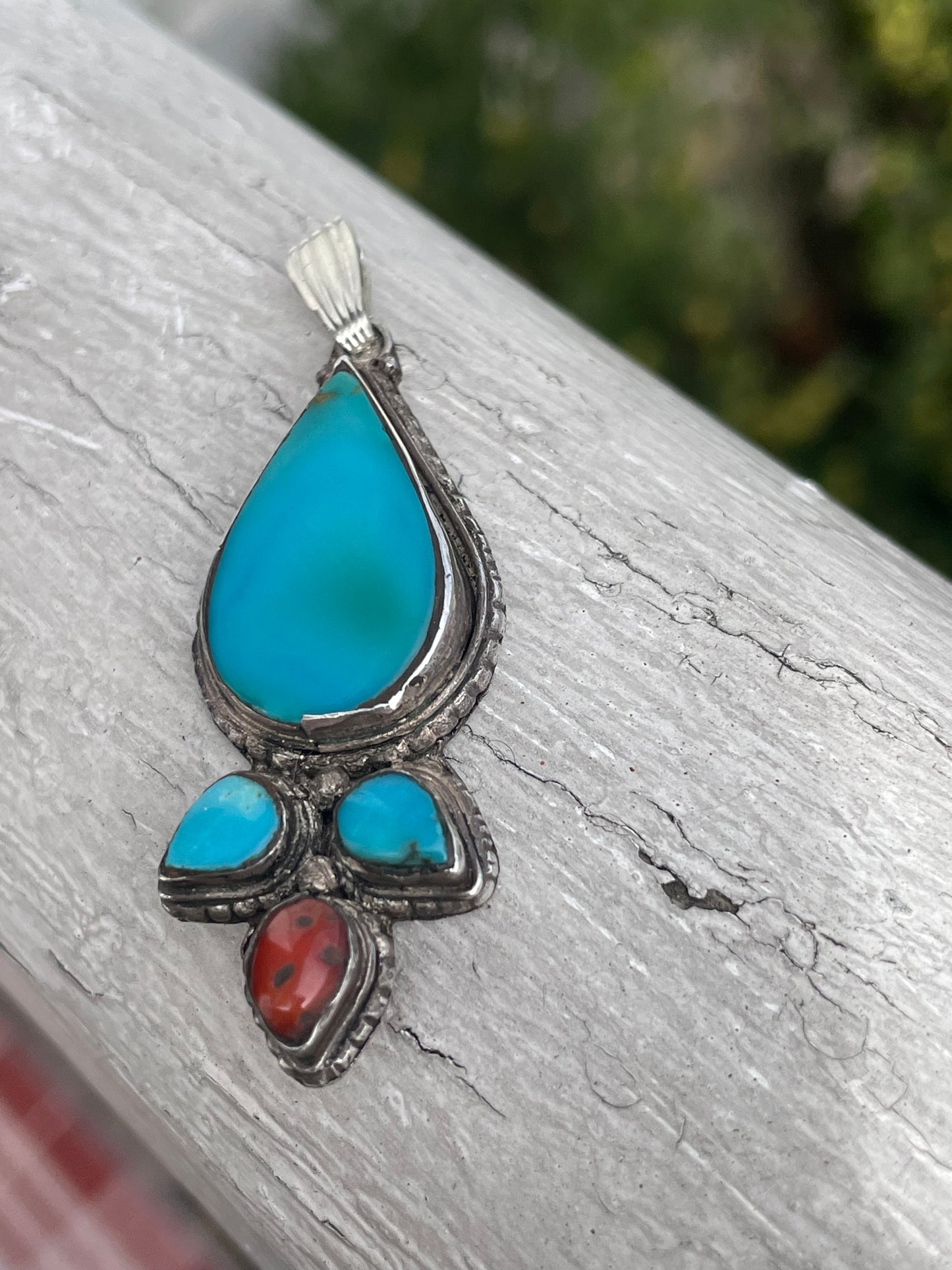 925 Sterling Silver Turquoise & Carnelian Native American Tribal Pendant Charm