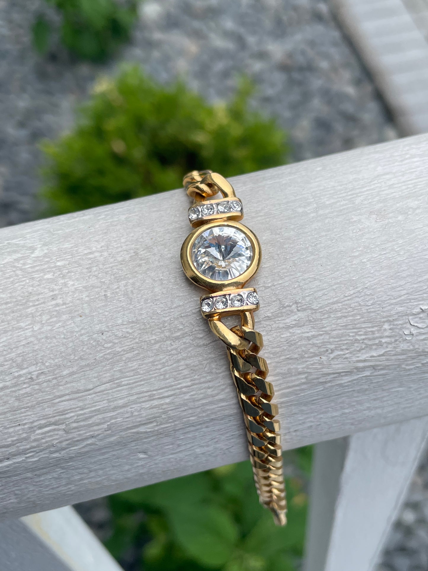Stainless Steel Vermeil Curb Link Clear Crystal Bracelet 7.25”