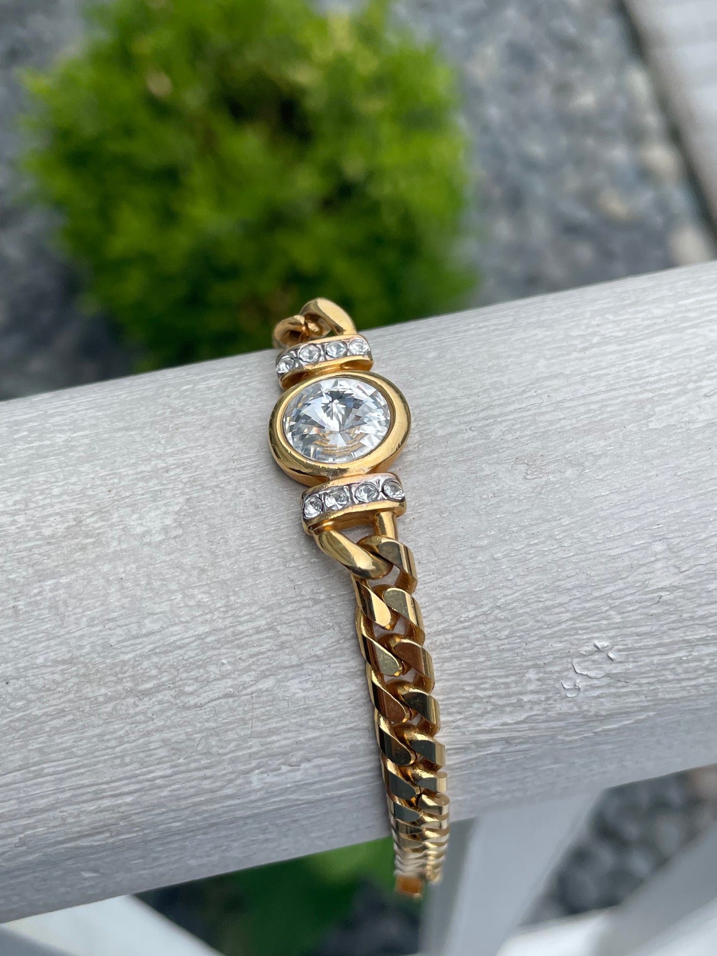 Stainless Steel Vermeil Curb Link Clear Crystal Bracelet 7.25”