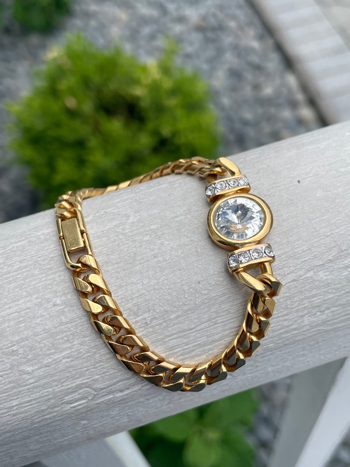 Stainless Steel Vermeil Curb Link Clear Crystal Bracelet 7.25”