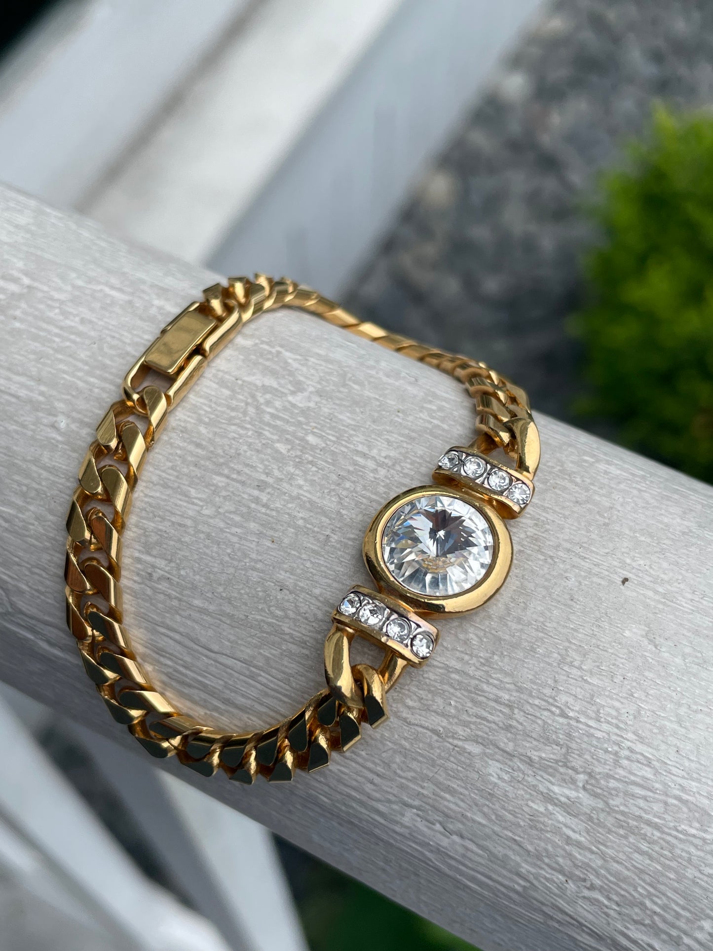 Stainless Steel Vermeil Curb Link Clear Crystal Bracelet 7.25”