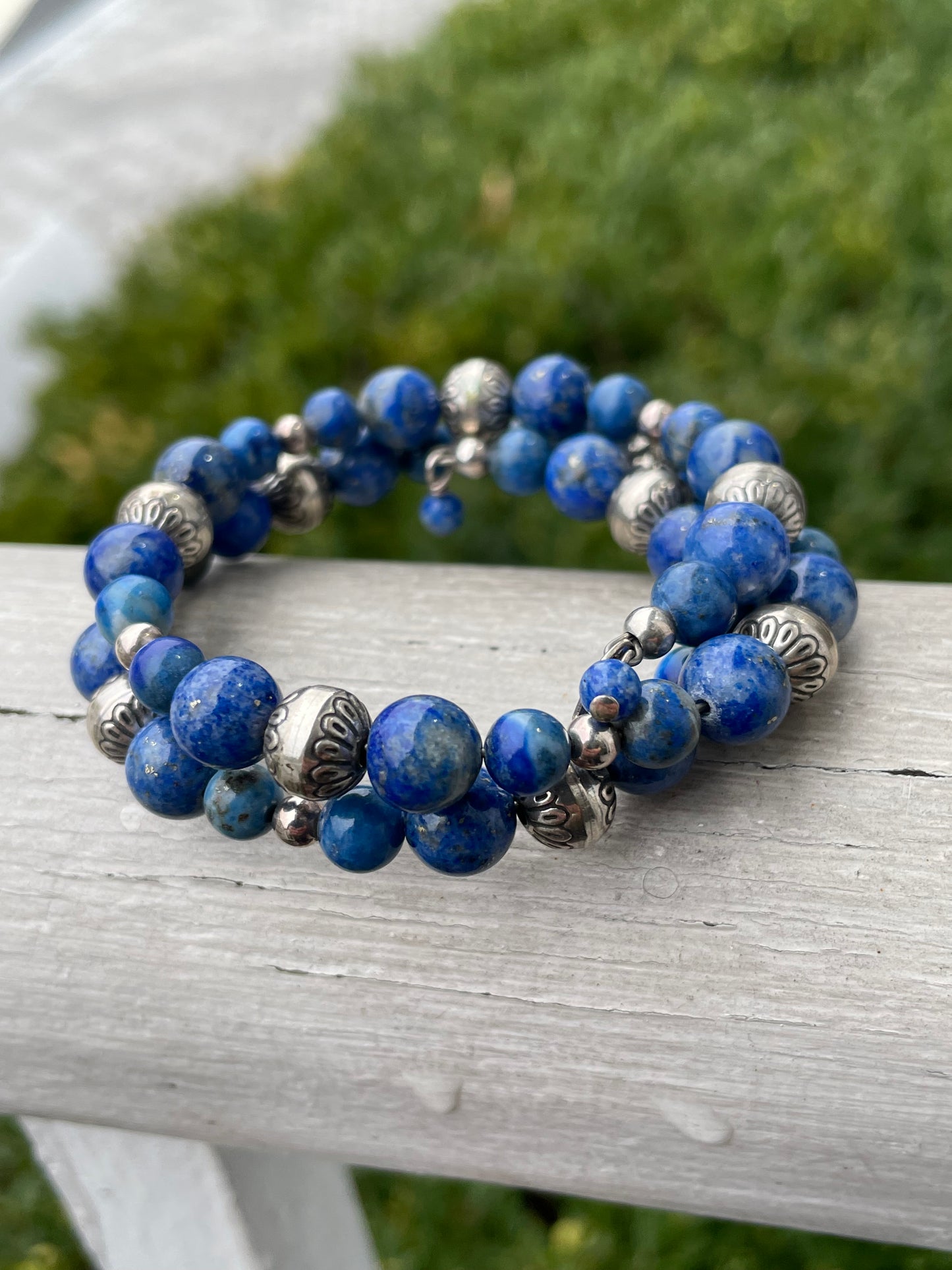 925 Sterling Silver Sodalite Blue Lapis Lazuli Wrap Around Beaded Bracelet