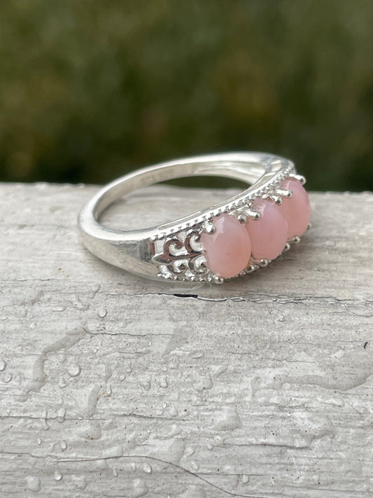 925 Sterling Silver Past Present Future Pink Opal Band Ring