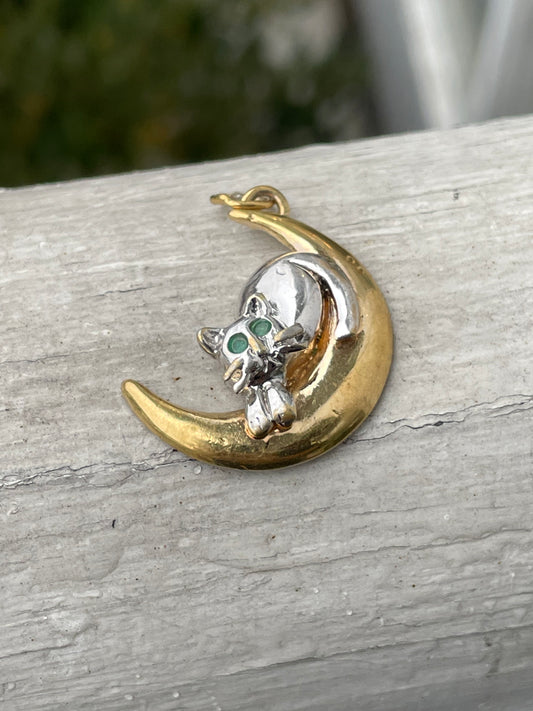 925 Sterling Silver 2tone Vermeil Crescent Moon & Cat Pendant Charm