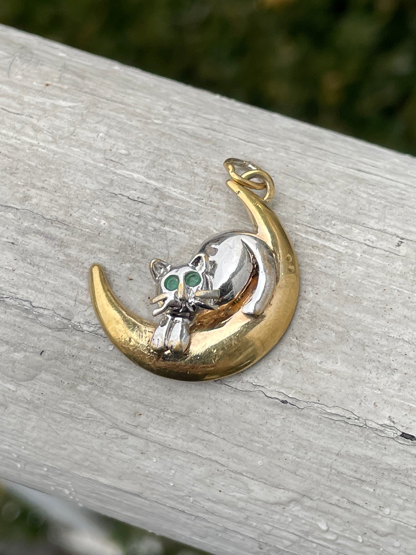 925 Sterling Silver 2tone Vermeil Crescent Moon & Cat Pendant Charm