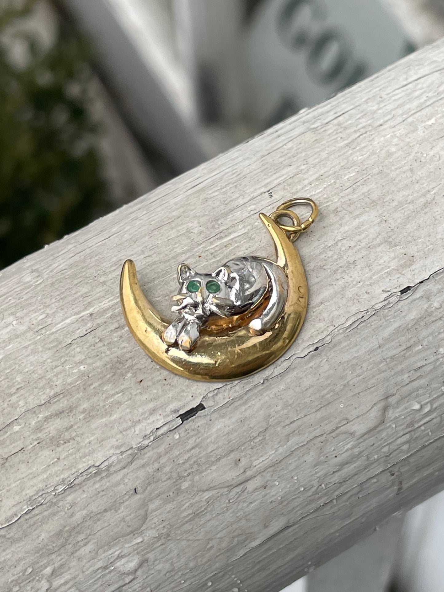 925 Sterling Silver 2tone Vermeil Crescent Moon & Cat Pendant Charm