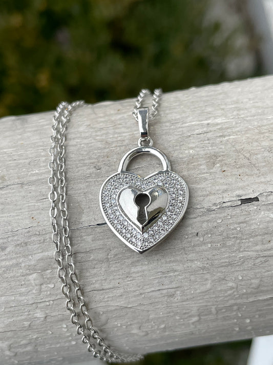 Stainless Steel Sparkling Heart Padlock Necklace