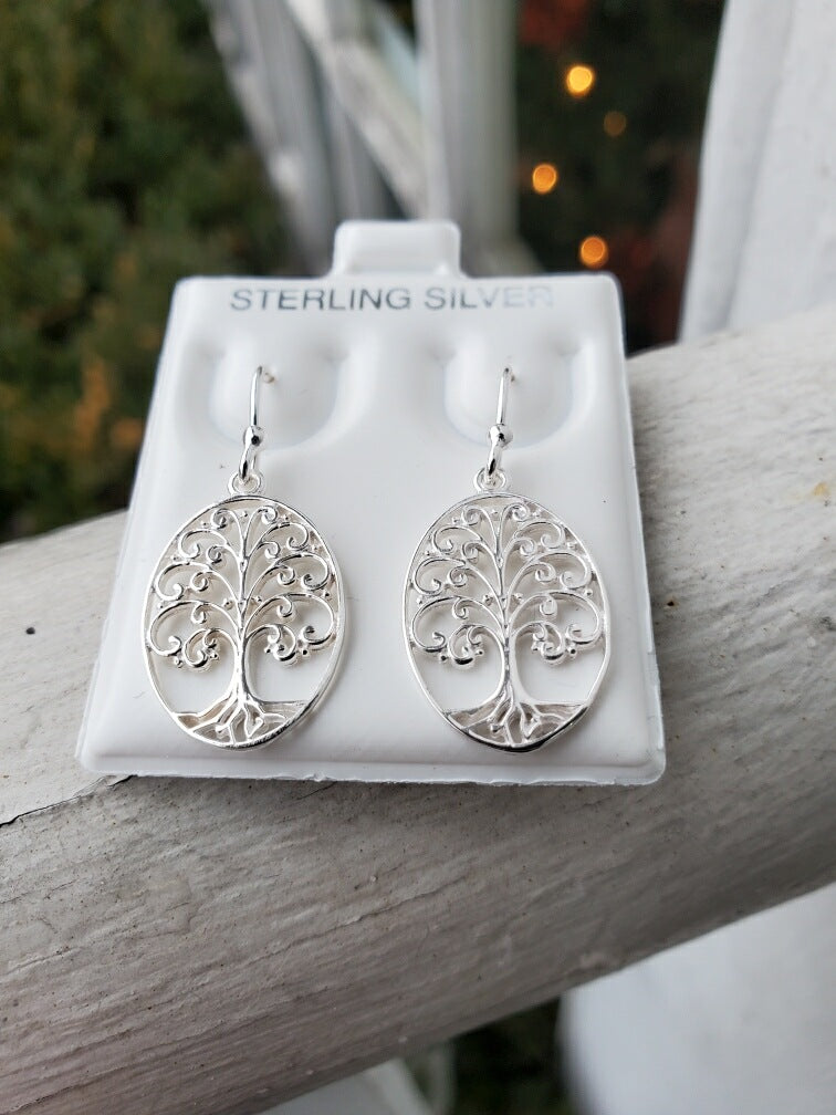 925 Sterling Silver Oval Shaped Family Tree Dangle Earrings