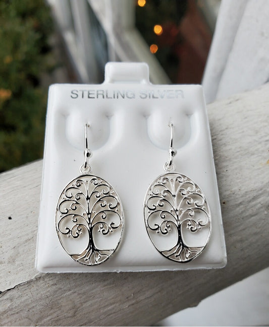 925 Sterling Silver Oval Shaped Family Tree Dangle Earrings