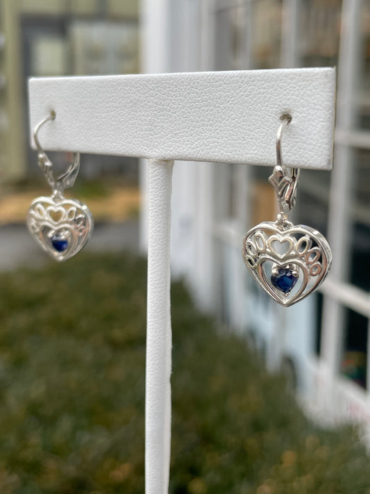 925 Sterling Silver Simulated Sapphire Heart Filigree Dangle Earrings