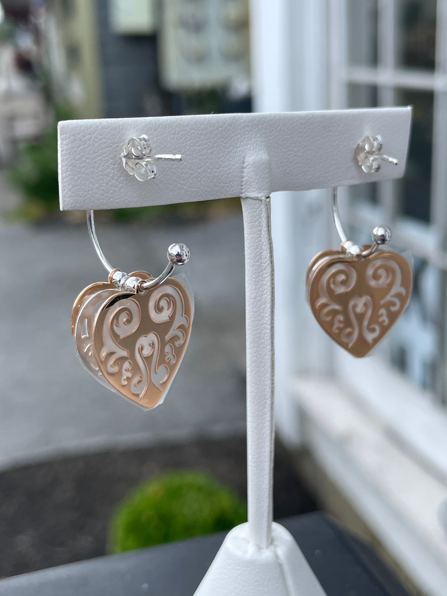925 Sterling Silver & Rose Gold Vermeil Open Heart Silhouette 3/4 Hoop Earrings