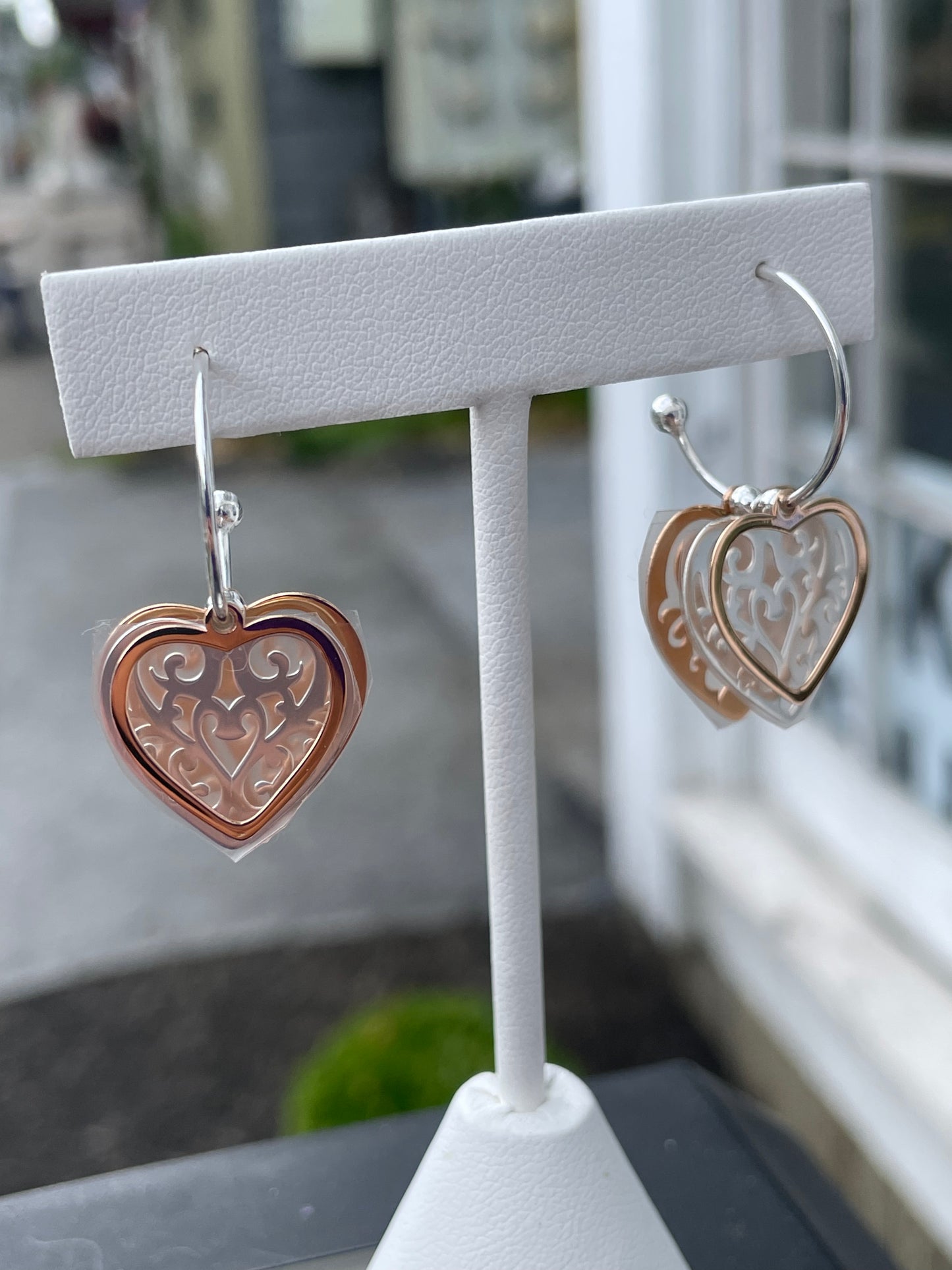 925 Sterling Silver & Rose Gold Vermeil Open Heart Silhouette 3/4 Hoop Earrings
