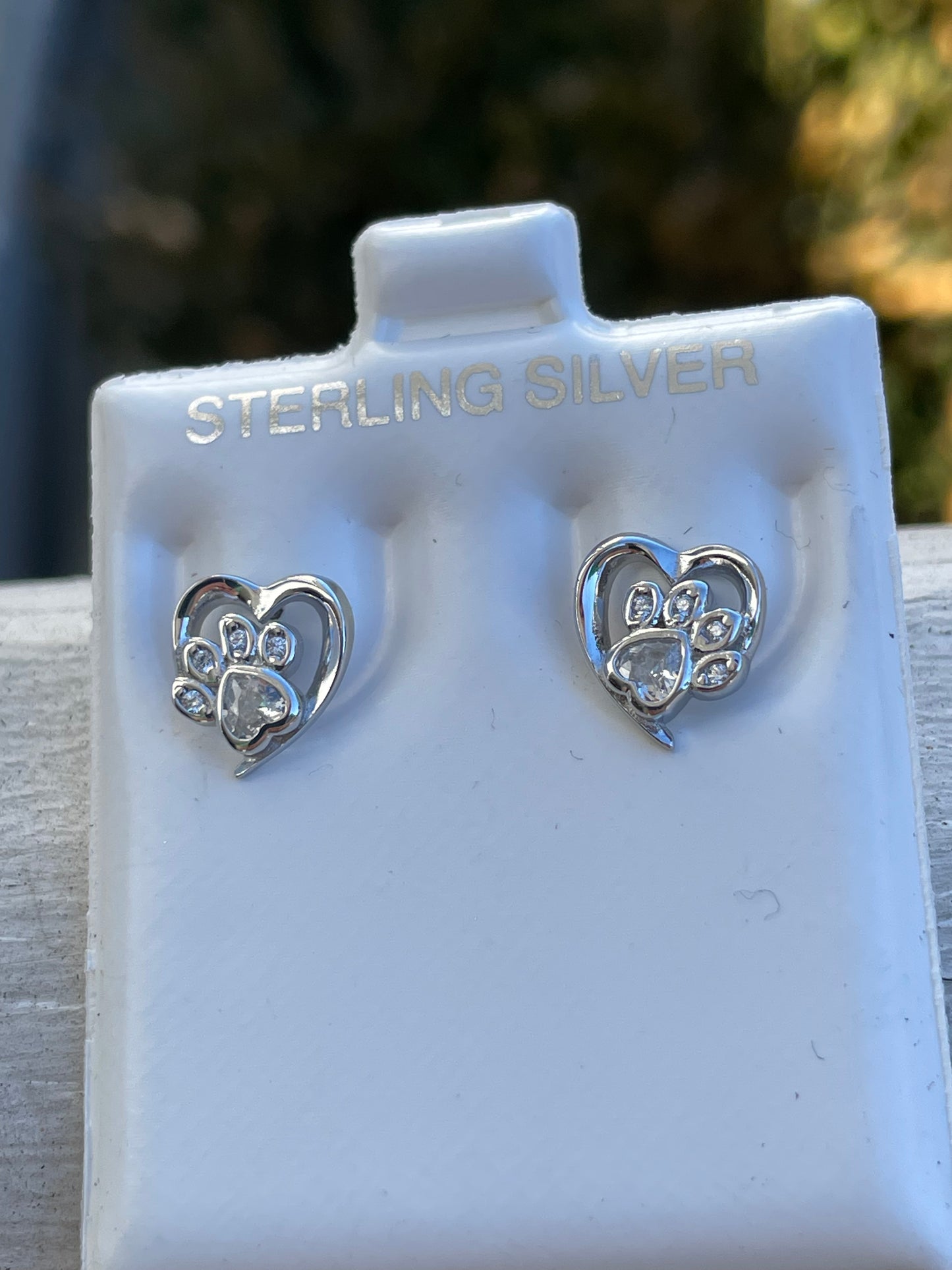 925 Sterling Silver Sparkling Heart Paw Print Stud Earrings