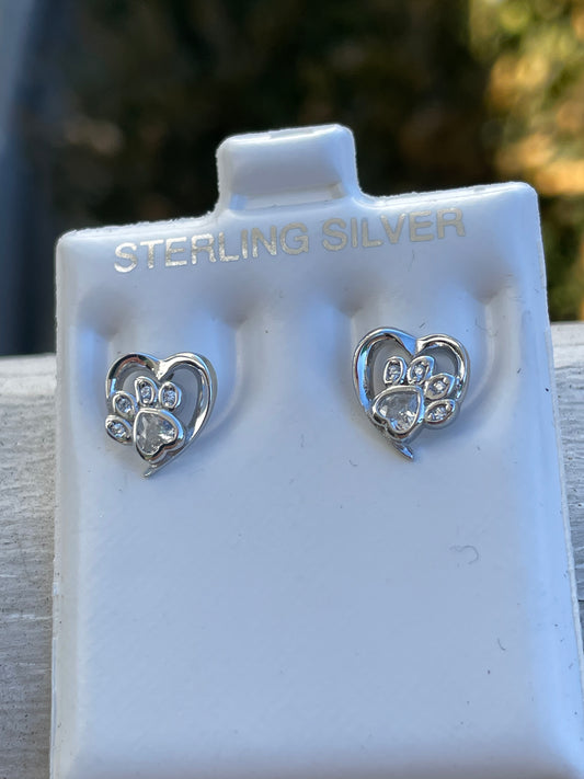 925 Sterling Silver Sparkling Heart Paw Print Stud Earrings