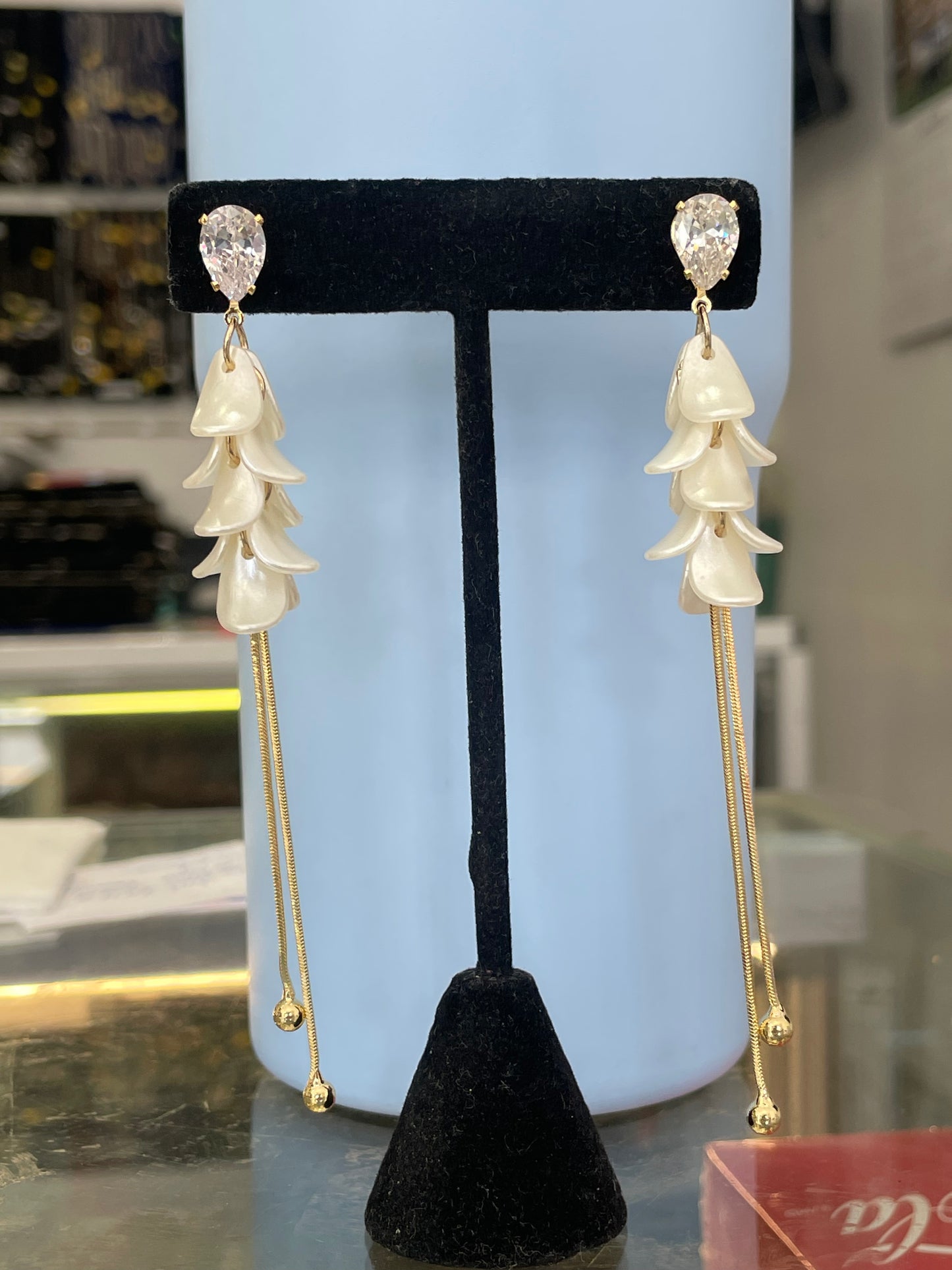 Mother of Pearl Petal & Cz Long Dangle Earrings