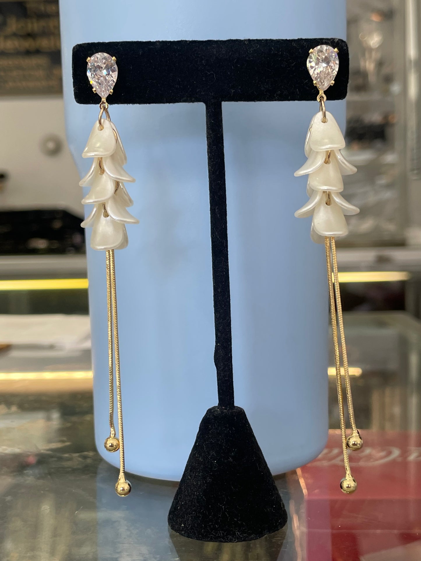 Mother of Pearl Petal & Cz Long Dangle Earrings