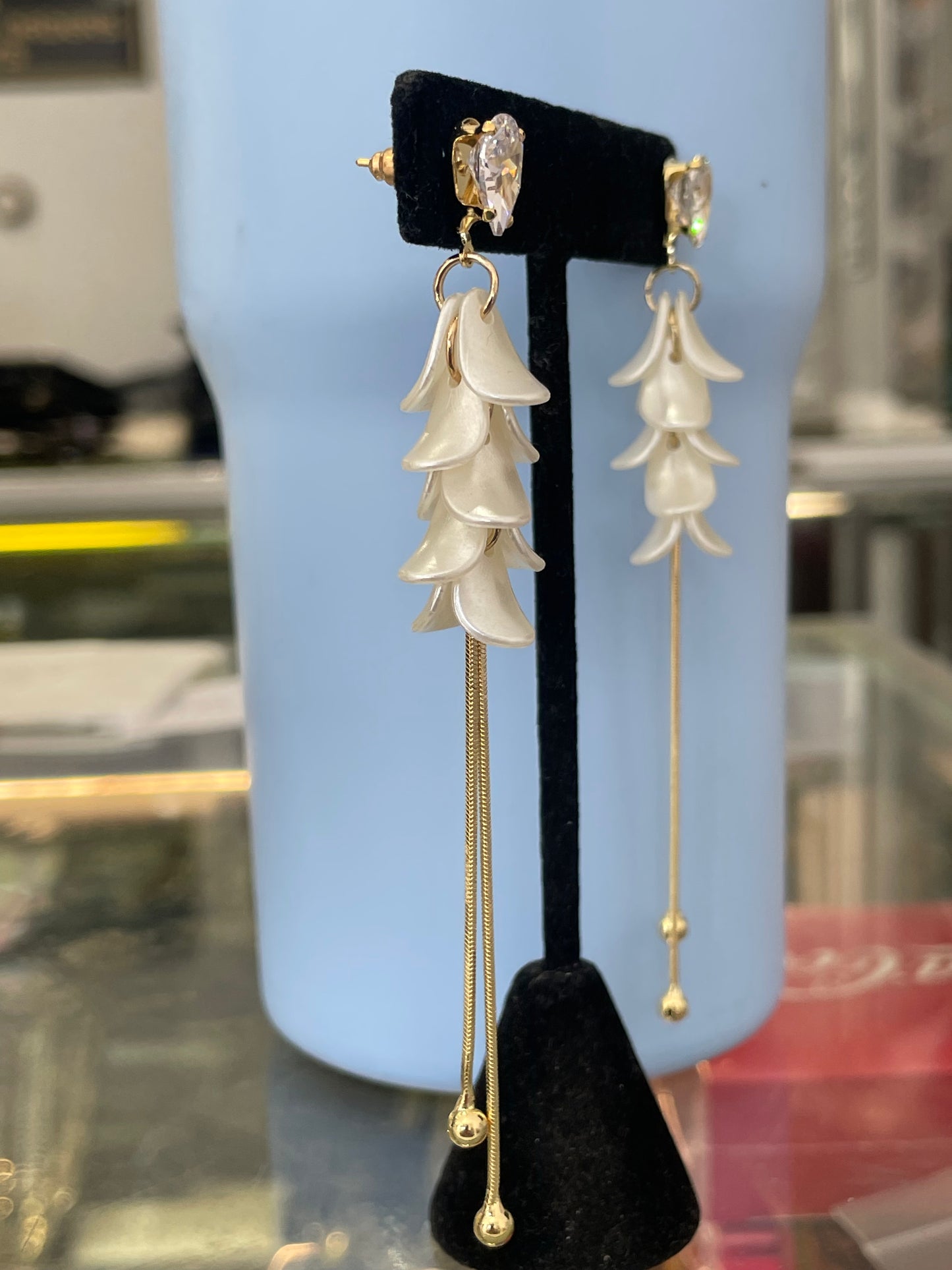 Mother of Pearl Petal & Cz Long Dangle Earrings