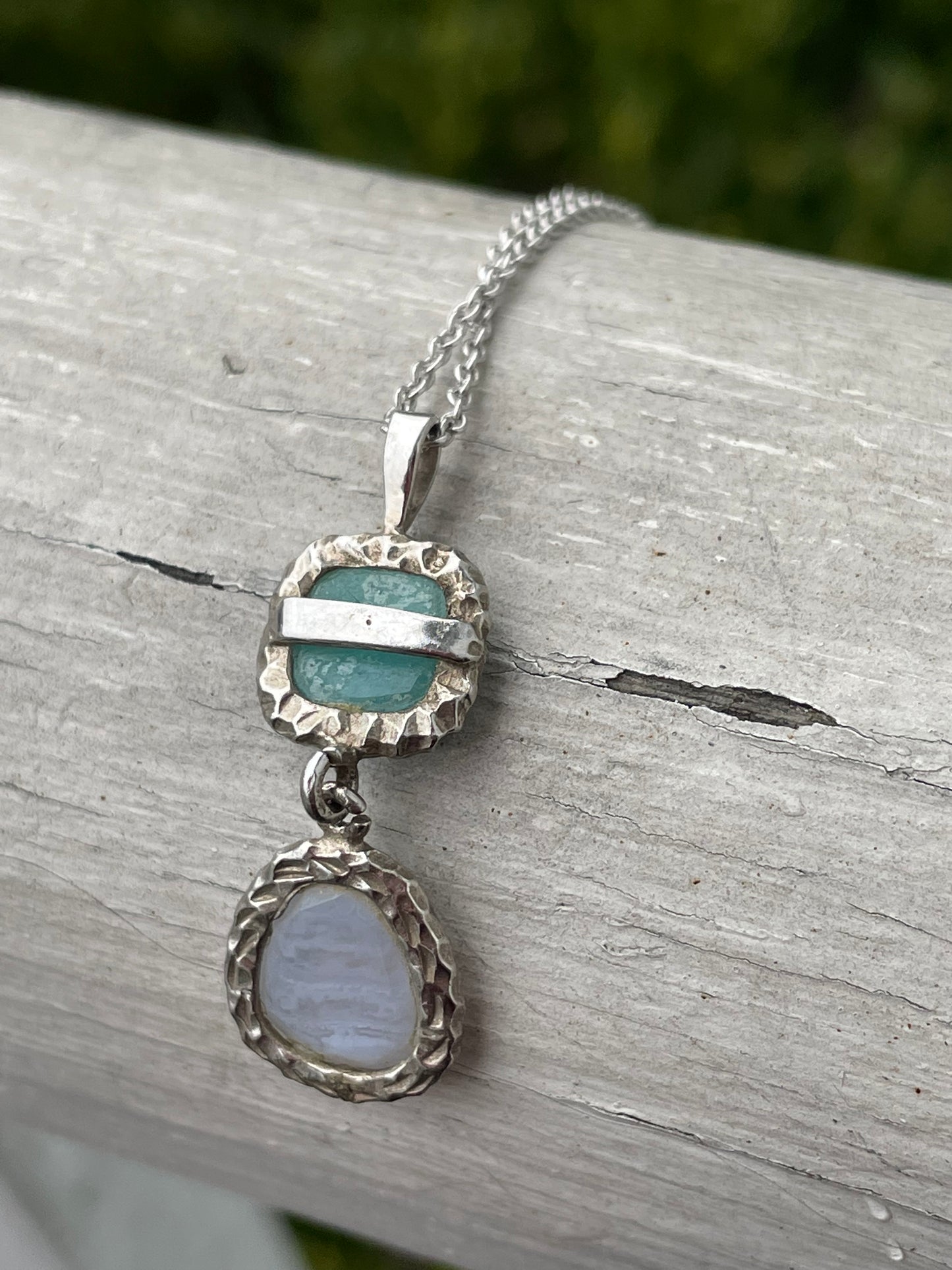 925 Sterling Silver Amazonite & Blue lace Agate Double Stone Necklace