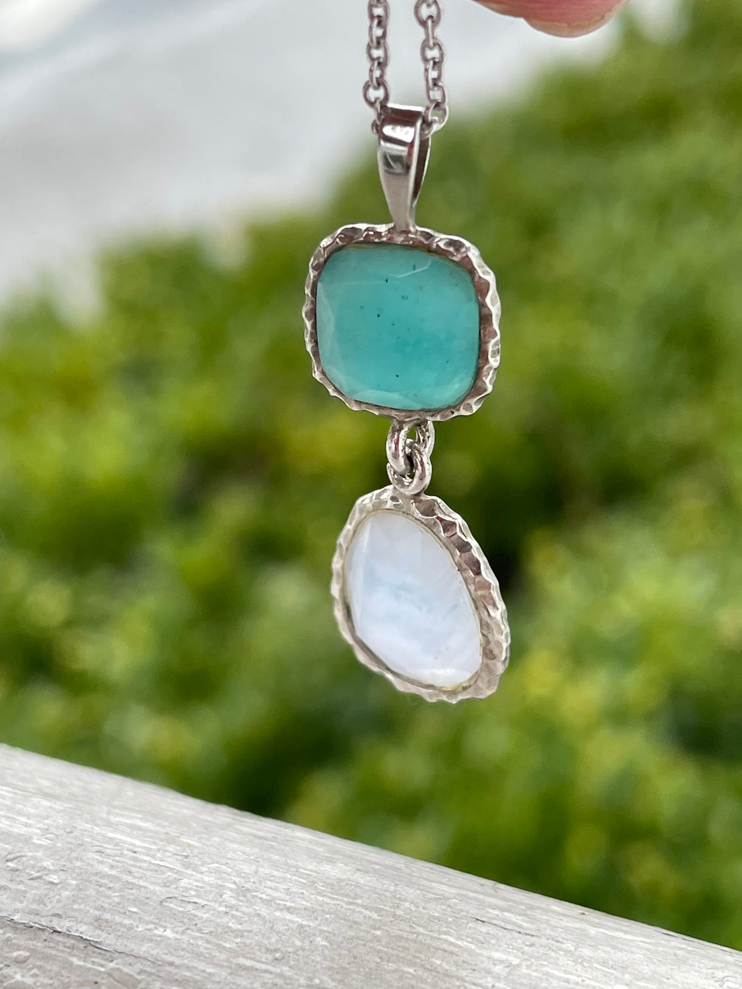 925 Sterling Silver Amazonite & Blue lace Agate Double Stone Necklace