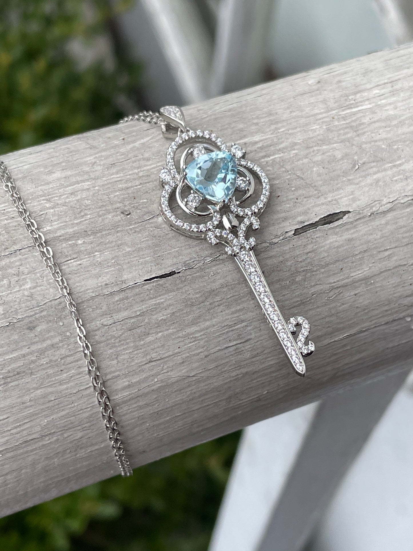 925 Sterling Silver Sky Blue Topaz Regal Key Necklace