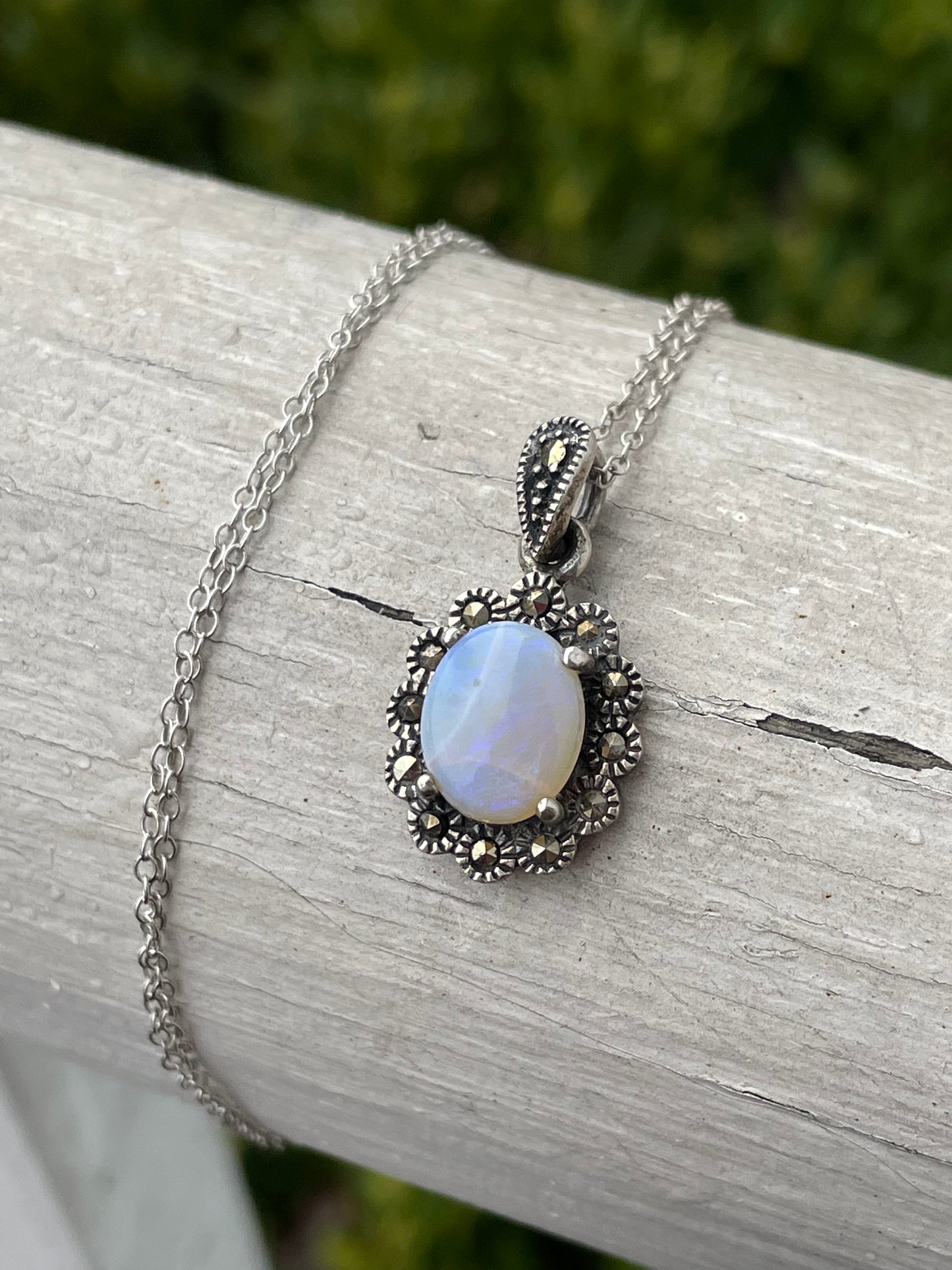 925 Sterling Silver Opalite & Marcasite Necklace