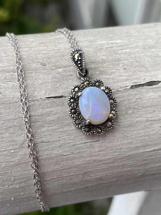 925 Sterling Silver Opalite & Marcasite Necklace