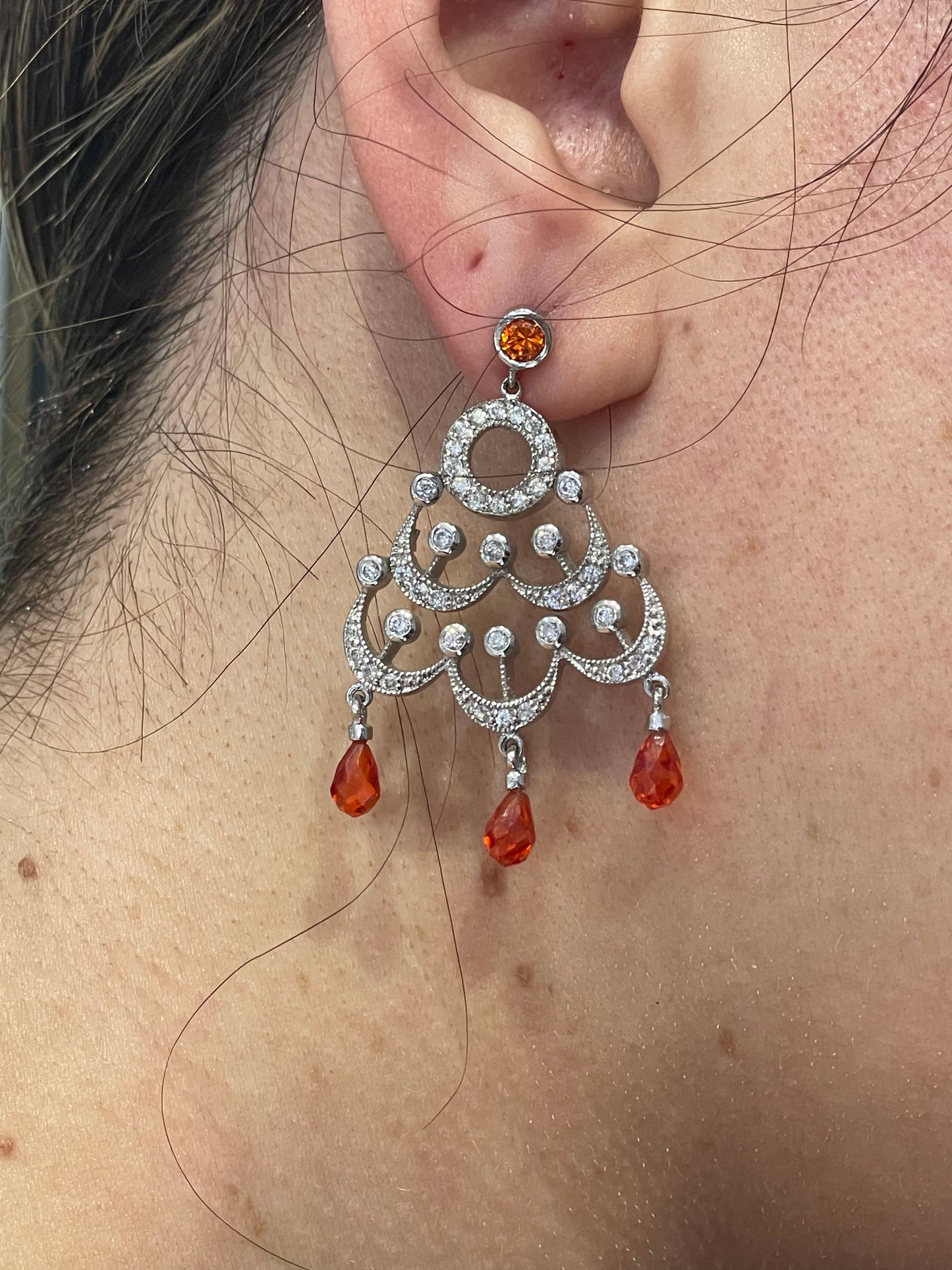 925 Sterling Silver Tangerine and Clear Zirconia Chandelier Earrings
