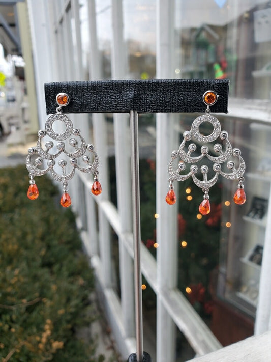 925 Sterling Silver Tangerine and Clear Zirconia Chandelier Earrings