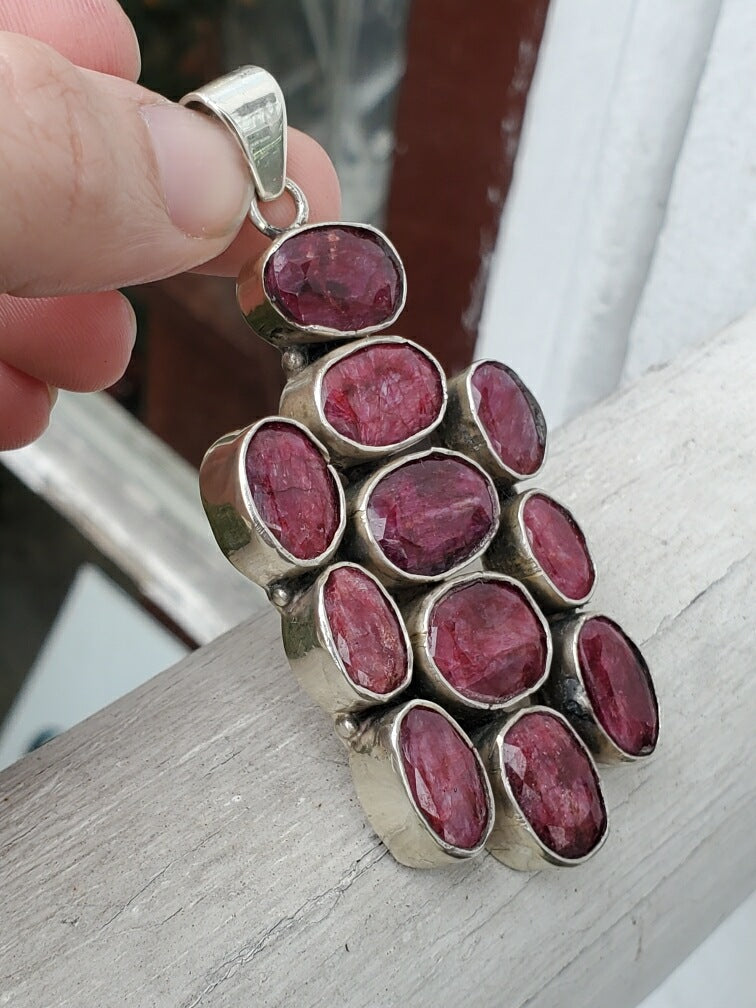 925 Sterling Silver Natural Ruby Cluster Necklace