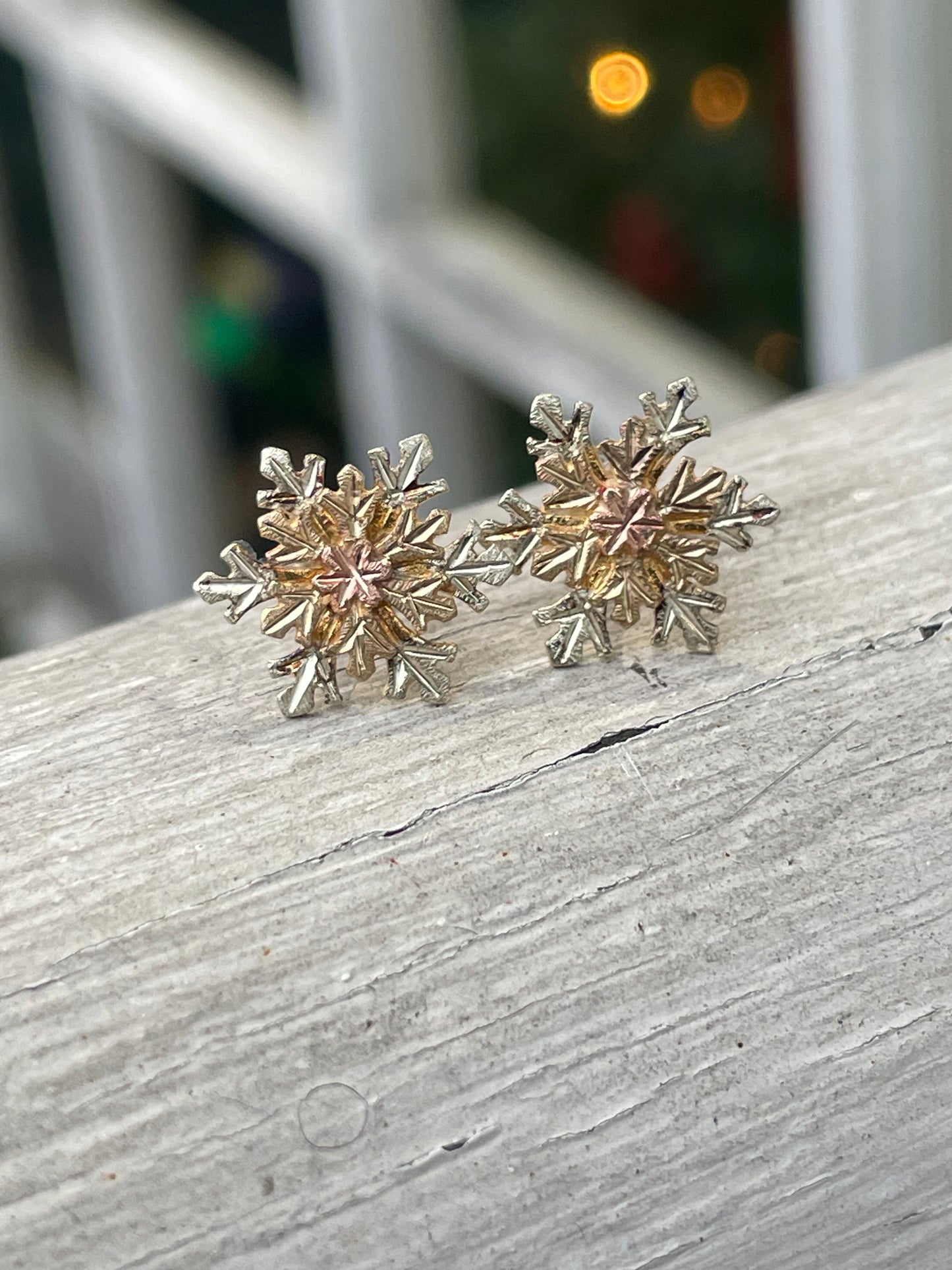 10k Gold Tri-Color Snowflake Stud Earrings