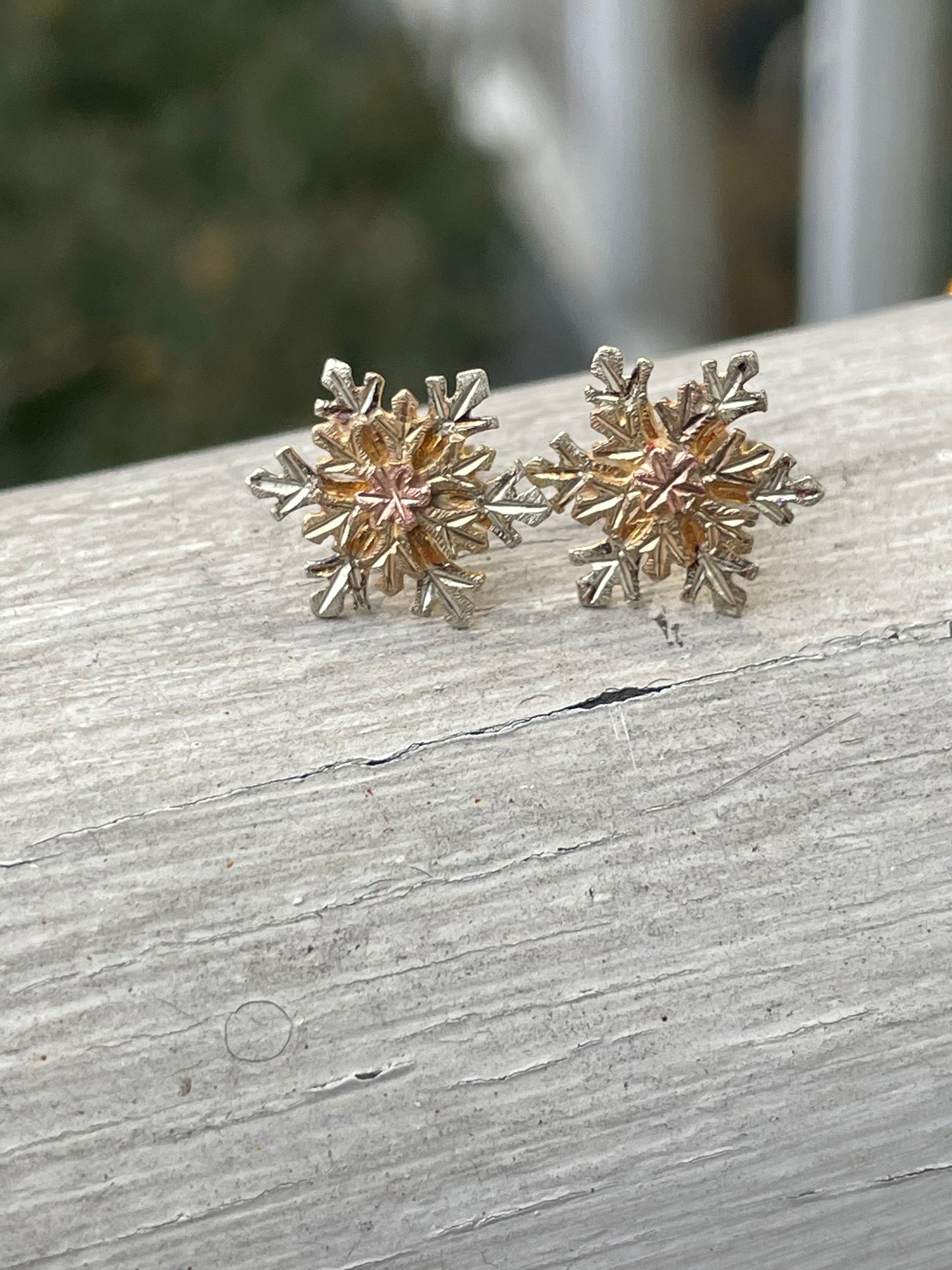 10k Gold Tri-Color Snowflake Stud Earrings