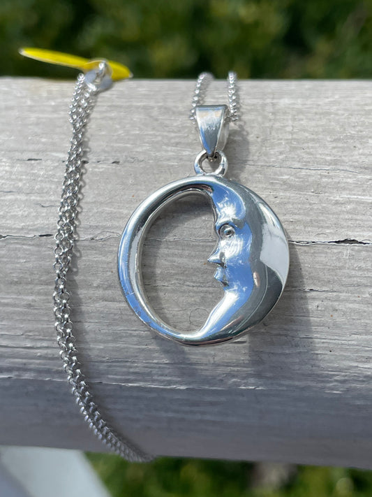925 Sterling Silver Crescent Moon Face Circle Necklace