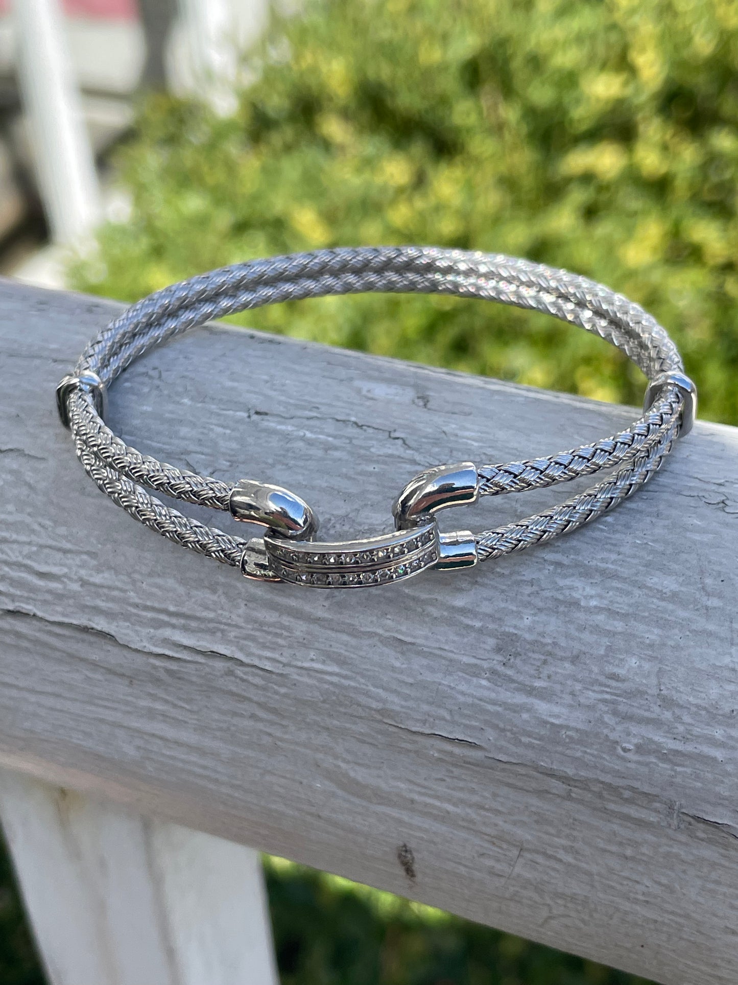 925 Sterling Silver Braided Double Strand Bracelet w/ CZ