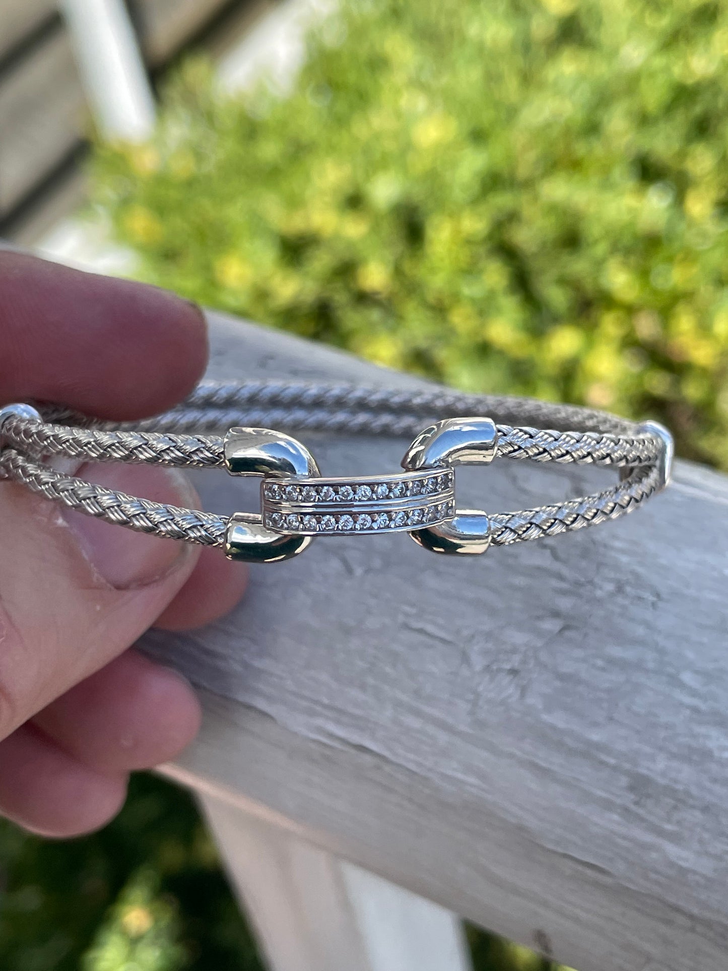 925 Sterling Silver Braided Double Strand Bracelet w/ CZ