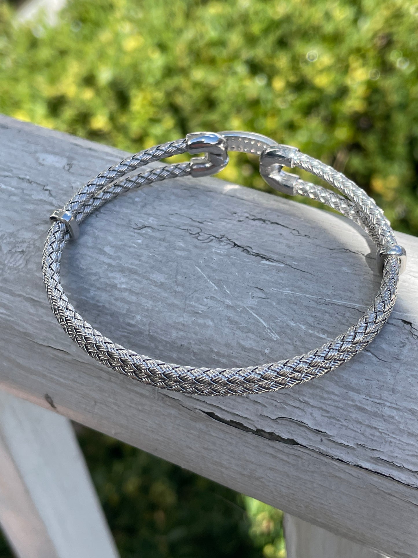 925 Sterling Silver Braided Double Strand Bracelet w/ CZ