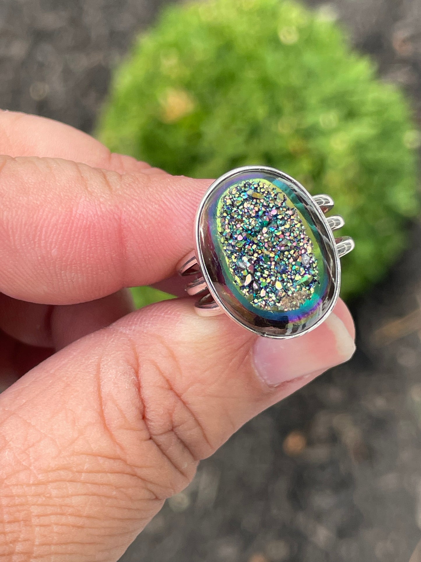 925 Sterling Silver Rainbow Druzy Ring