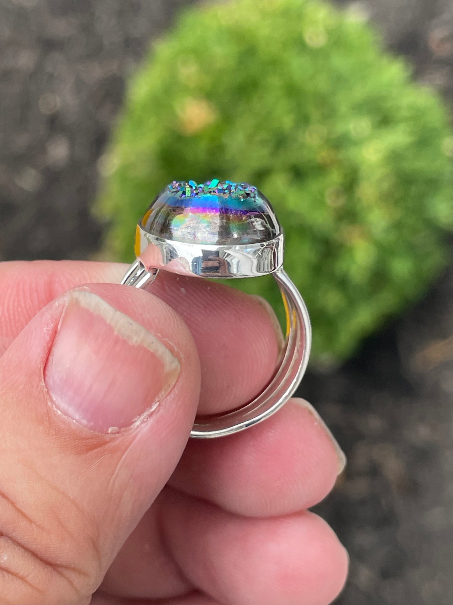 925 Sterling Silver Rainbow Druzy Ring