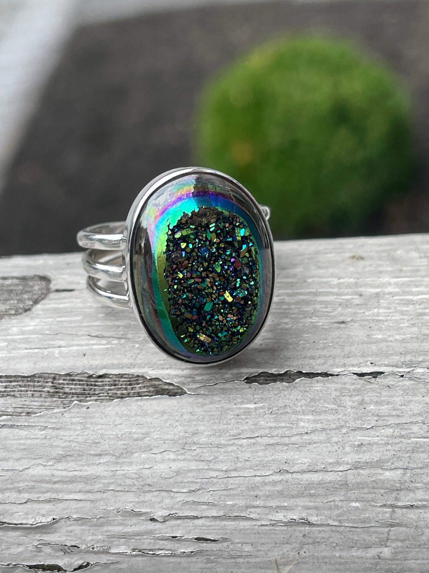 925 Sterling Silver Rainbow Druzy Ring