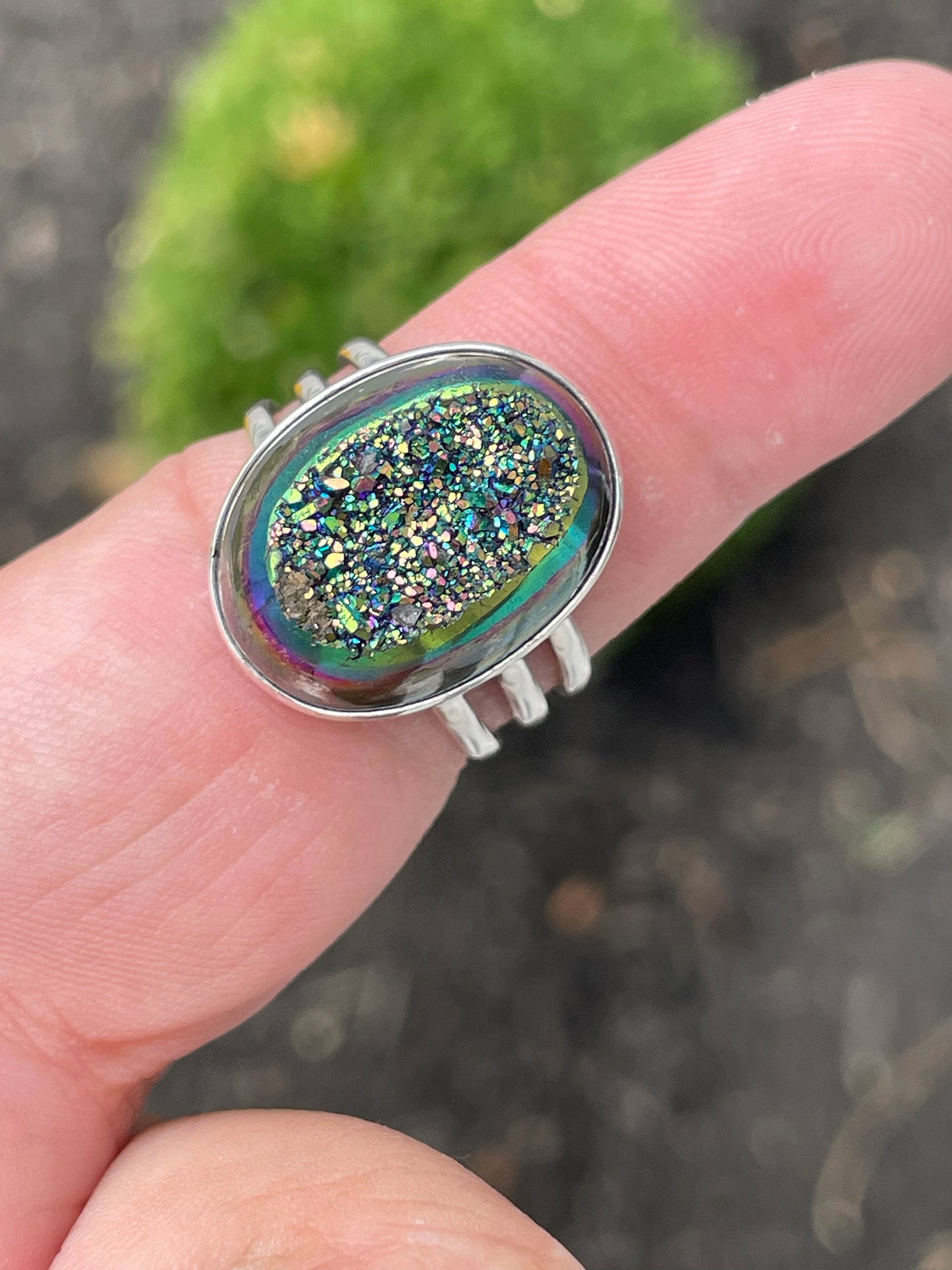 925 Sterling Silver Rainbow Druzy Ring