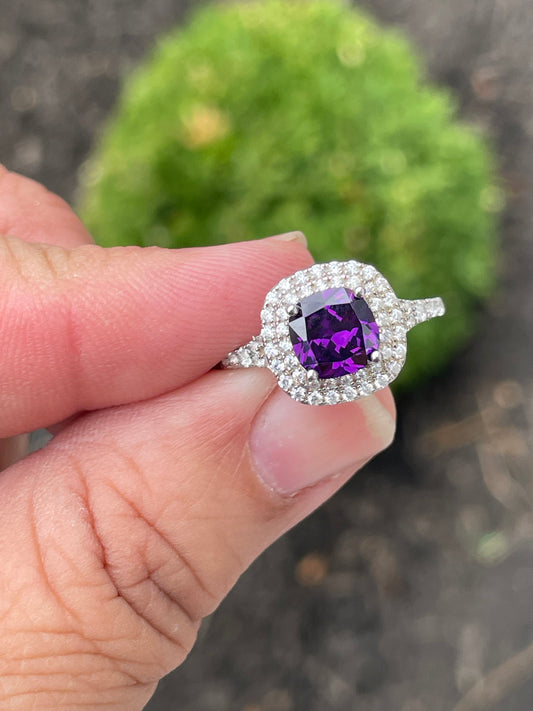 925 Sterling Silver Lab Created Amethyst & Clear Zirconia Halo Ring