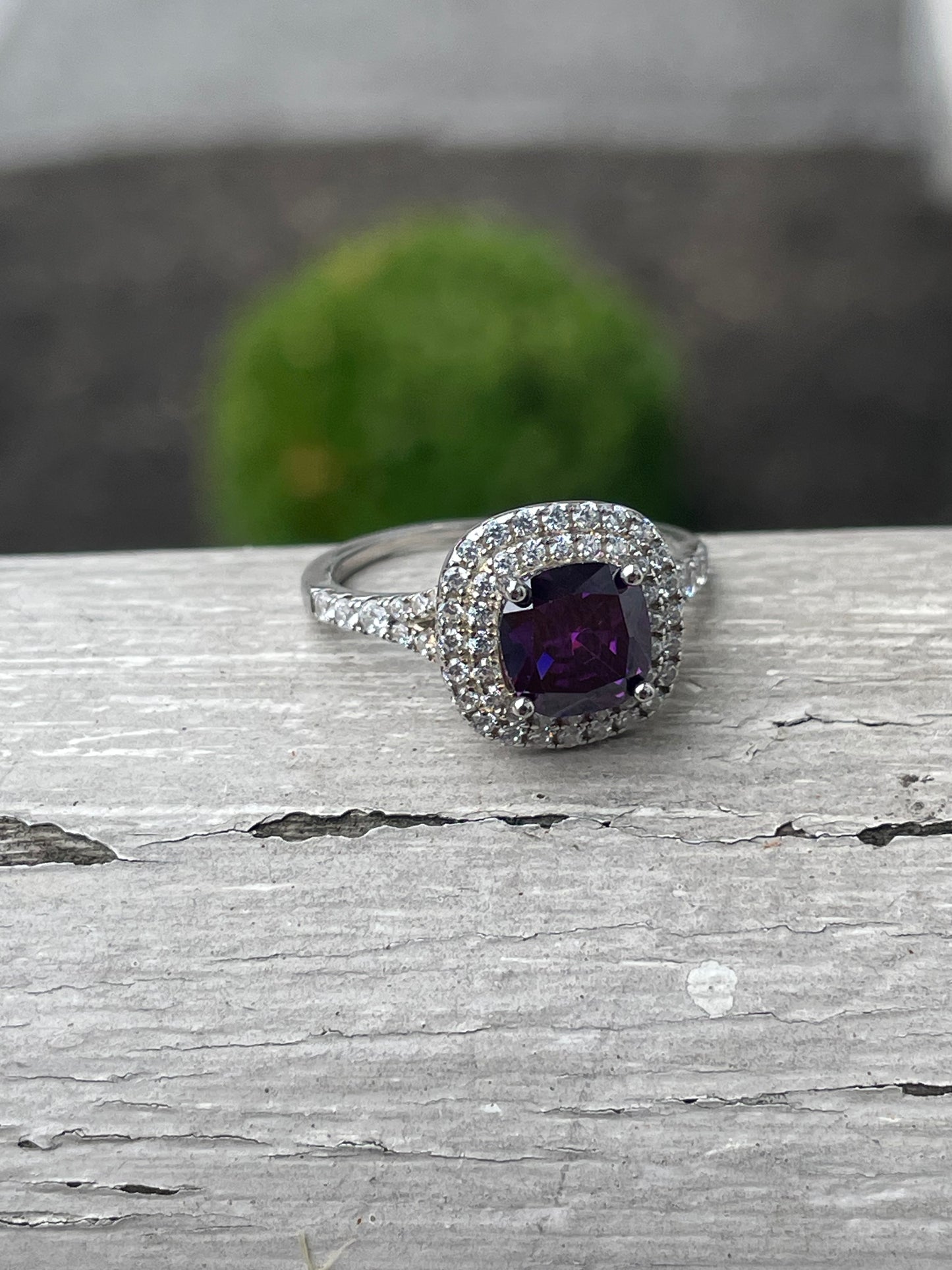 925 Sterling Silver Lab Created Amethyst & Clear Zirconia Halo Ring