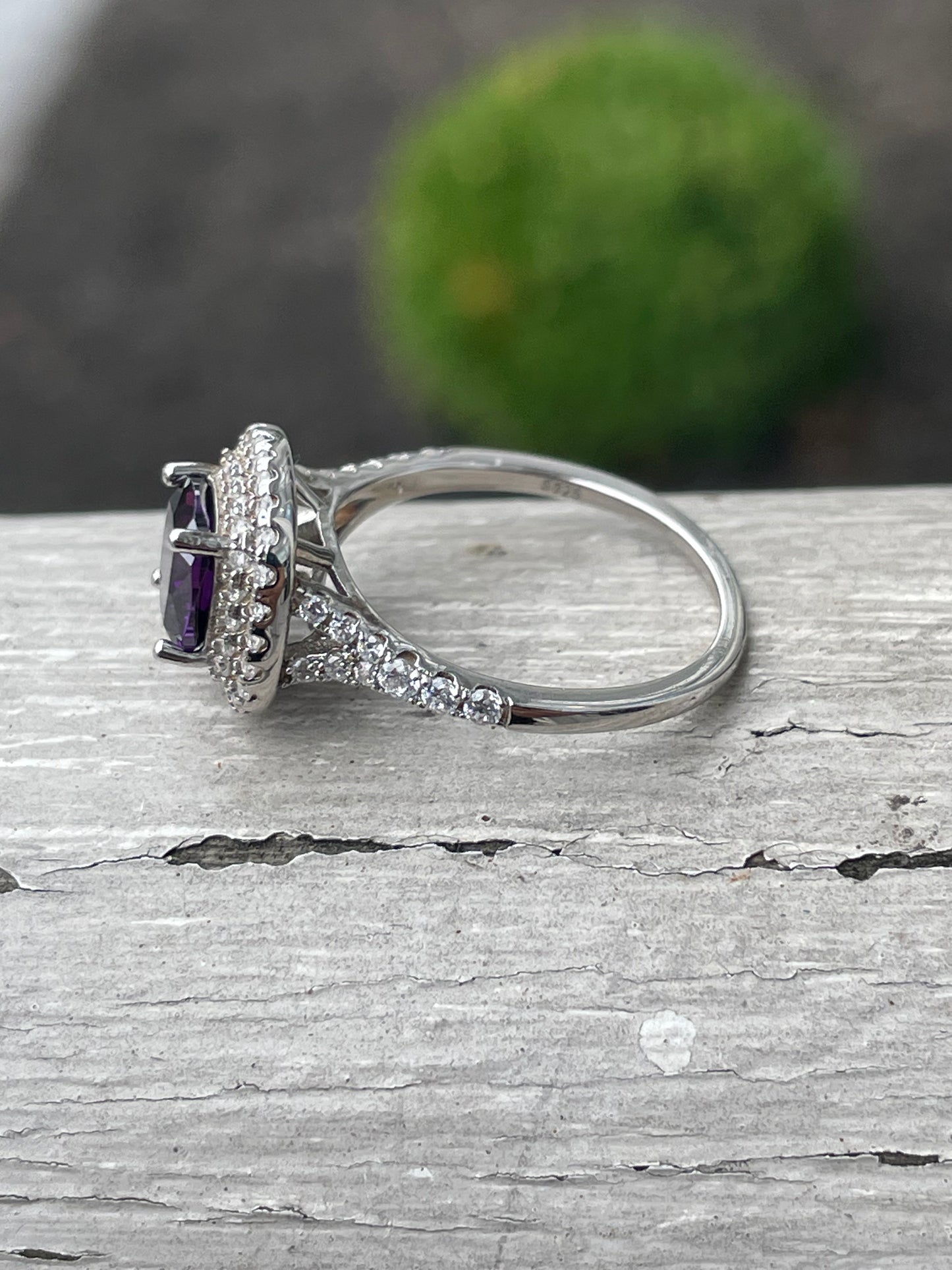 925 Sterling Silver Lab Created Amethyst & Clear Zirconia Halo Ring