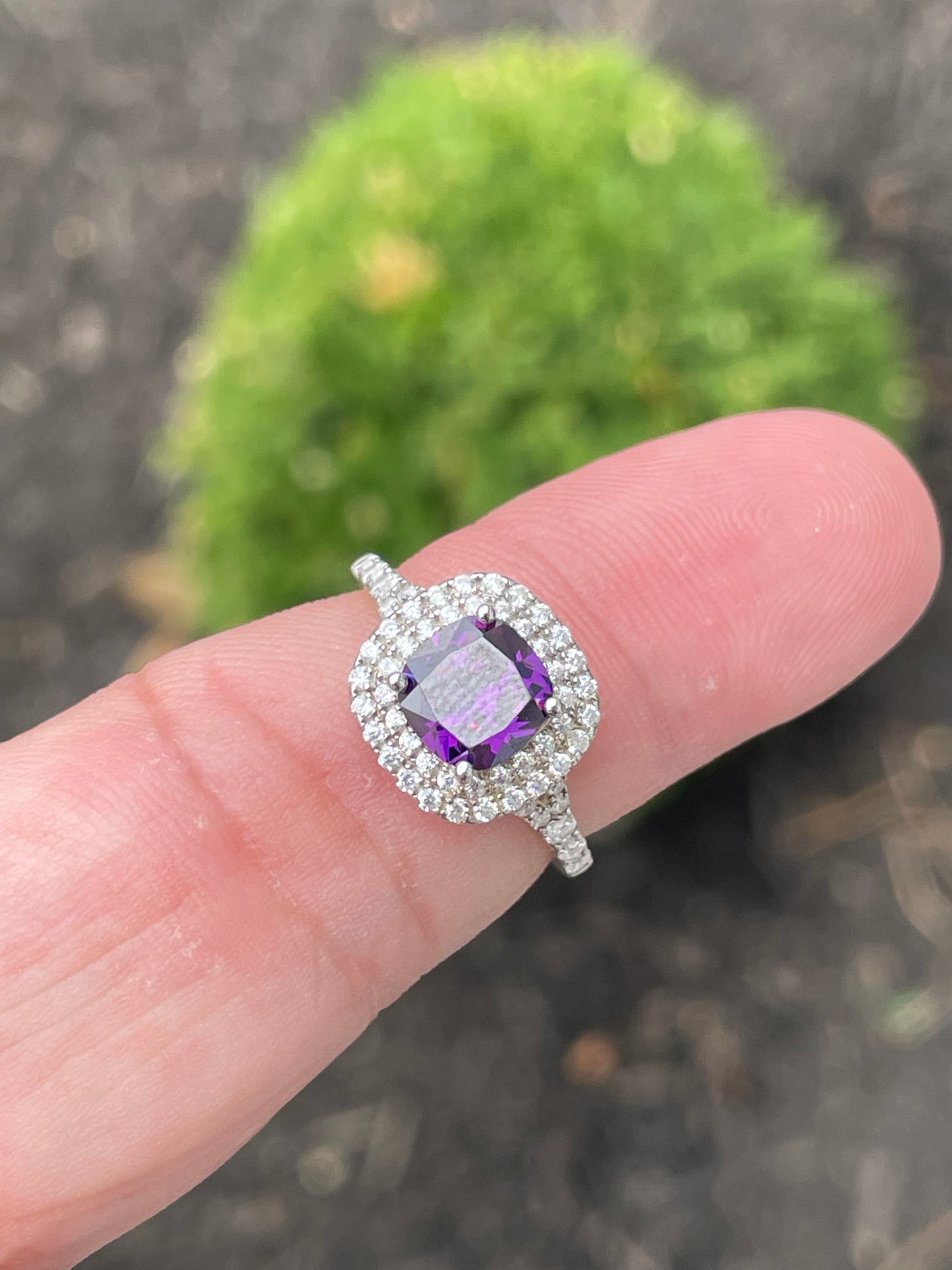 925 Sterling Silver Lab Created Amethyst & Clear Zirconia Halo Ring